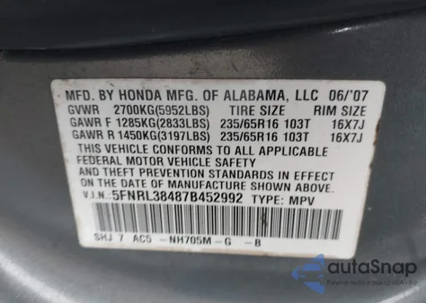 2007 Honda Odyssey Ex z USA, uszkodzony, nr VIN 5FNRL38487B452992